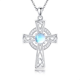 AXOMY Celtic Cross Necklace 925 Sterling Silver Moonstone Celtic Knot Pendant Necklace Irish Celtic Jewelry Birthday Gifts for Women Mother