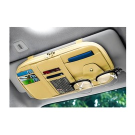 MUQIDA Car Sun Visor Organizer, Multi-Pocket Visor Storage Pouch Sunglasses Holder with Net Zippers, PU Leather Sunvisor Storage Bag with Elastic Band for Driving License Card Pen (Beige)