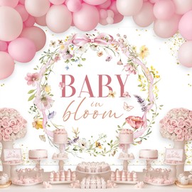 Ufeela Baby in Bloom Backdrop 7Wx5H Feet Fabric Polyester Pink Floral Wildflower Baby Shower for Girls Rustic Watercolor Plant Botanical Gold Dots Photography Background Banner Photo Shoot Decor Props