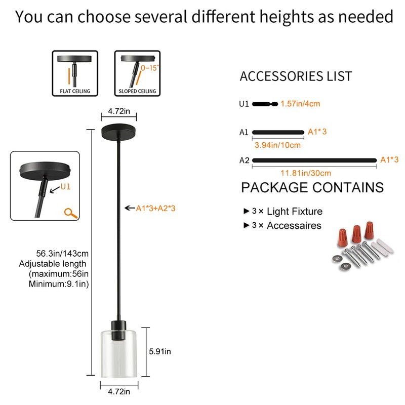 KLSS Black Pendant Lights Kitchen Island - Clear Glass Pendant