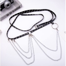 LOREMOW 2 Pcs Black Leather Waist Chain Belt Womens Punk Waist Belly Chain Layered Goth Body Chain Nightclub Party Body Jewelry Accessories