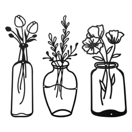 bowarepro 3 Stück Metall Blume Wanddekor Minimalistische Vase Blumen Wandkunst Wandskulptur für Terrasse Balkon Wohnzimmer Badezimmer Schlafzimmer Esszimmer Küche (Schwarz)