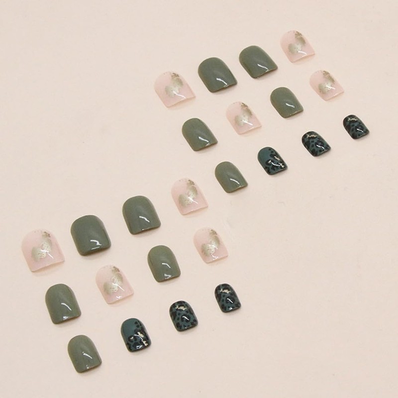 Green Press on Nails Short Coffin False Nail Glossy Square