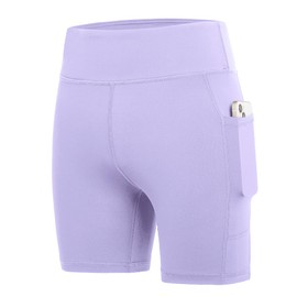 DEVOROPA - Pantalones cortos de licra para niñas, de 5 pulgadas, elásticos, atléticos, para gimnasia, para niños, yoga, danza, pantalones cortos de compresión con bolsillo, Púrpura claro, X-Small