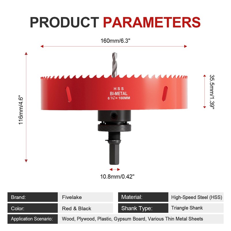 6-5/16 Inch (160mm) M42 Bi-Metal Hole Saw, Hex Shank Hole