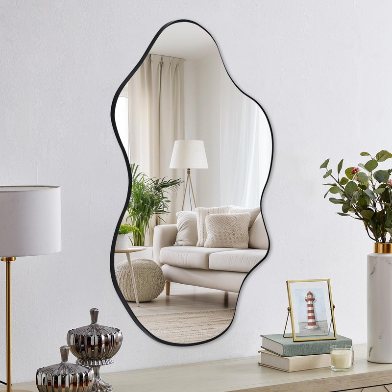 Tanmicoshomy Black Bathroom Mirror 24x36 Inch, Asymmetrical Framed Wall Mirrors