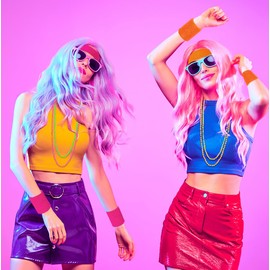 BNGXR Neon Sweatbands Set, 20 Pieces 80s Retro Headband Sweatband Sports Headband Colourful Sweatband Men Women Sports Bracelet Pink Green Orange Yellow Bracelet Set for Retro Party