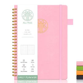 Daily Planner Undated, Daily Schedule Planner, ALLTREE Undated Planner With Hourly Schedule, Spiral Daily To Do List Planner with Meal Tracker, Appointment, Leather cover, Pocket, Pen Loop, Daily Organizer Notebook for Men & Women, 160 Pages, Pink（5.5"x8