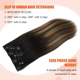 XDhair Clip in Hair Extensions,120g 18inch Balayage Black to Chocolate Brown Mix Caramel Blonde Clip in Hair Extensions Human Hair Straight Remy Hair Extensions 6pcs (18, natural black/4/27)