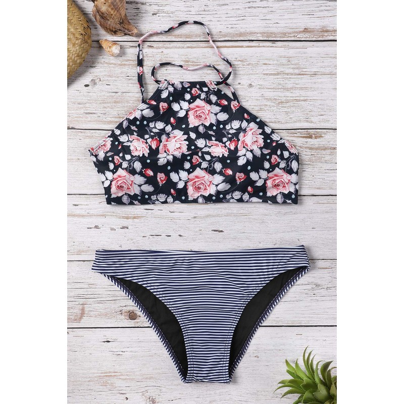 Charmo Ladies High Neck Bikini Sets Floral Stripe Beachwear Bathing