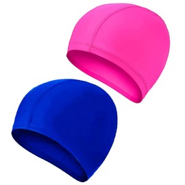 2 Pcs Swimming Caps for Kids Girls Boys and Adult Teenager,Comfortable Light Swimming Caps,Super Stretch No Pull Hair Swim Hats for Long and Short Hair (Royal blue/Red)