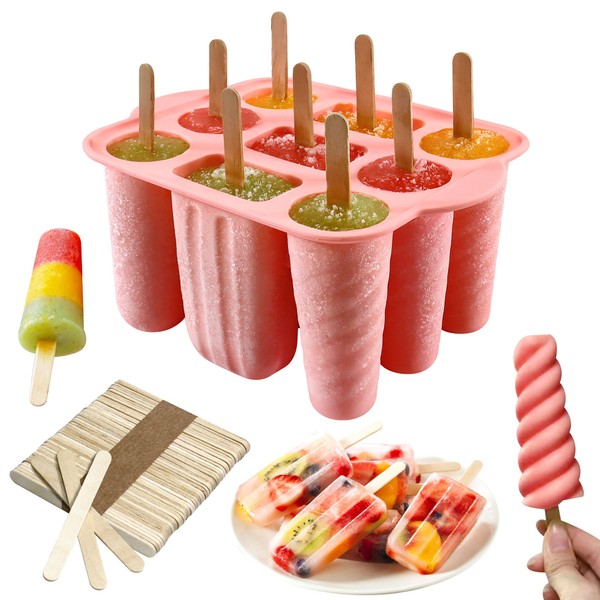 Popsicles Molds, 9 Cavity Silicone Popsicle Molds with 50 Pcs