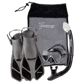 Seavenger Diving Dry Top Snorkel Set with Trek Fin, Single Lens Mask and Gear Bag, XS/XXS - Size 1 to 4 or Children 10-13, Gray/Black Silicon