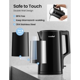 COMFEE' 1.7L Double Wall Electric Tea Kettle and Kettle Water Boiler, 100% Stainless Steel Interior & Lid & Spout, Two-Level Wide Open Lid, 1500W Fast Boiling, Auto-Off and Boil-Dry Protection