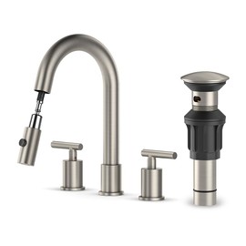 Ryuwanku Brushed Nickel Pull Down Bathroom Faucet with Pop-up Drain, 8 inch Widespread Bathroom Faucet 3 Hole with Pull Down Sprayer 2 Modes, 8'' Brushed Nickel Bathroom Faucet with Supply Lines