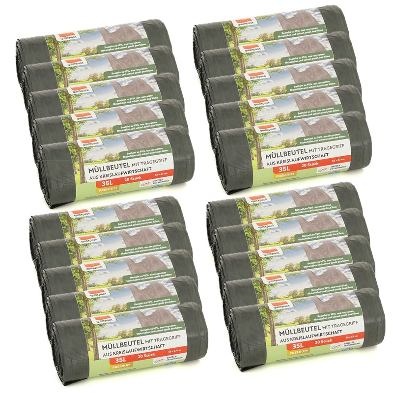 Bin Liners with Carry Handle, Grey, 95% Recycled Material (Grey