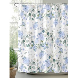Litter Star Shower Curtain Bathroom Set Summer Watercolor Blue Hydrangea Waterproof Fabric Shower Curtains with Grommets&Hooks Pastoral Eucalyptus Leaf Privacy Bath Curtain for Bathtub Decor 72x72IN