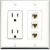 RiteAV - 15 Amp Power Outlet 3 Port Cat6 Ethernet Ethernet White Decorative Wall Plate