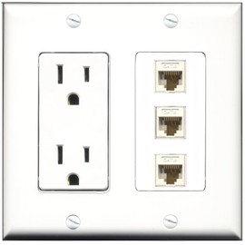 RiteAV - 15 Amp Power Outlet 3 Port Cat6 Ethernet Ethernet White Decorative Wall Plate