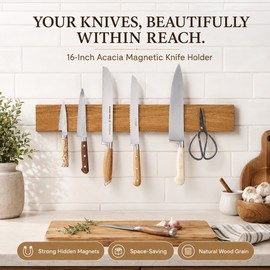 16 Inch Acacia Wood Magnetic Knife Holder for Wall, Strong Magnet Knife Strip Organizer