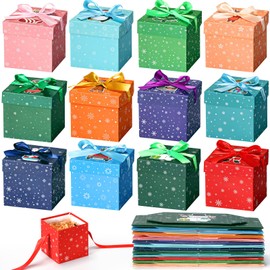 Cholemy 60 Pieces Christmas Gift Boxes with Lids Small Squared Boxes with Ribbon Xmas 4x4x4 Boxes Holiday Bow Box Gift Wrap Boxes for Christmas Party Favor Present, 12 Designs (Cute Style)