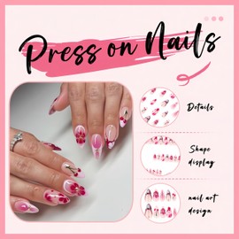 Red cherry French Medium Almond Press on Nails False Nails with 3D Designs Gold Beads Nails Full Cover Artificial Stick on Nails Reusable Acrylic Nail Glue on Nail for Women Manicure Kit 24PCS