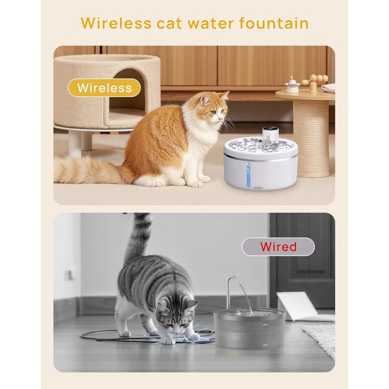 Wireless Cat Water Fountain [with Stainless Steel Tray], 84oz/2.5L Pet