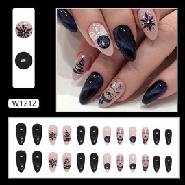Christmas Press on Nails Medium Almond Fake Nails Snowflake False Nails Black Acrylic Nails Press ons with Blue Glitter Designs Full Cover Glossy Glue on Nails Stick on Nails for Women Manicure 24 Pcs