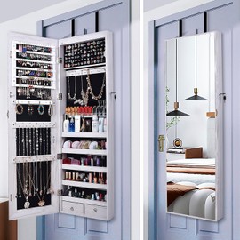 SCWF-GZ 47" H Jewelry Armoire Full Length Mirror Cabinet Storage Organizer w/LED Light Wall-Mounted/Door-Hanging Lockable for Bedroom Makeups White