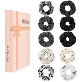 Mirlern 10-Piece Floral Plaid Polka Dot Scrunchies for Women and Girls, No Damage Cute Hair Ties Bulk, Soft Elastic Ponytail Holder Fashion Hair Accessories (Black& White Theme)