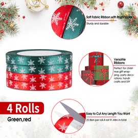 Kieswan Christmas Gift Ribbon Red/Green 22 m x 4 Rolls 10 mm Ribbon Christmas Satin Ribbon Snowflake Christmas Bows Decorative Ribbon for Wedding Birthday Packaging Crafts Decoration