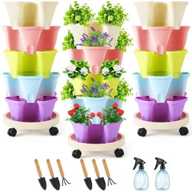 Funnymoom 3 Set of 5 Tier Vertical Planter Stackable Tower Planters Strawberry Herb Flower and Vegetable Pots Indoor Outdoor Gardening Pots with Removable Wheels and Tools(Macaron)