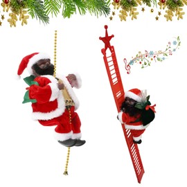 2Pcs Santa Claus Musical Climbing Ladder,Electric African American Climbing Santa Rope Ladder Decoration,Black Climbing Santa Claus Doll with Lights,Christmas Hanging Ornament for Home Wall Tree Decor