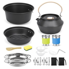 doorslay 23PCS Camping Cookware Kit for 2-3 People Hard Anodized Aluminum Pot Pan and Kettle Set with Cups Plates Utensils for Backpacking Hiking Outdoor Picnic