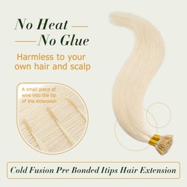 Sleekalon I Tip Hair Extension Human Hair 18 Inch Pre Bonded Real Hair Extension Blonde Stick I Tip Cold Fusion Remy Keratin Itip Hair Extension Invisible Straight,50g/100 Strands #60-Platinum Blonde