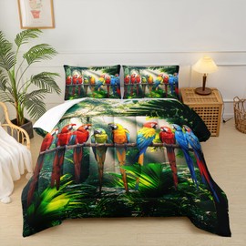 lneffble Parrot Comforter Set, Animal Parrot Bedding Set Queen Size for Boys Girls,Tropical Plant Palm Leaf Print Bird Theme Bedding Set, Watercolor Animal Feathers Pet Bird Bedding Set