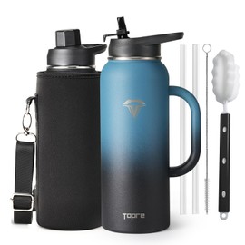 Topre 40 oz Insulated Water Bottle with Straw and Lid, Food-grade Double Wall Vacuum Stainless Steel Flask with Handle,Leakproof Metal Travel Jug With Pouch and Brush,Keep Cold & Hot,Indigo Black