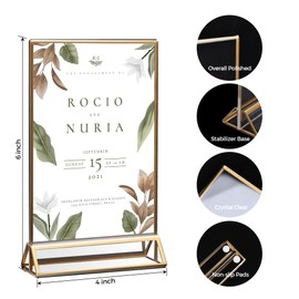 14 Pack Acrylic Sign Holder 4x6 Gold Frames, Wedding Table Number Holders Double Sided Vertical Clear Display Stand, Picture Holders for Tables, Menus, Flyers, Party and Office Decor
