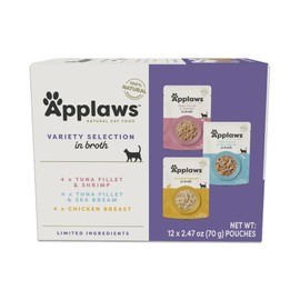Applaws Natural Wet Cat Food in Broth, Limited Ingredient Wet Cat Food Pouches, No Additives, Made with Natural Ingredients, Cat Food Variety Pack in Broth (12 x 2.47oz Pouches)