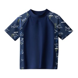 Boys Swim Top, Swim Vest, Kids Swimming Costume, Rash Vest, Sharks (UK, Age, 9 Years, 10 Years, Regular, Navy Blue)