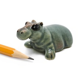 WitnyStore Tiny 1¼" Gray Lying Look Straight Hippopotamus Figurine - Miniature Hand Made Ceramic Hippo African Aquatic Mammal Wildlife Animals Cute Porcelain Decorative Collectible Figures Décor Gifts