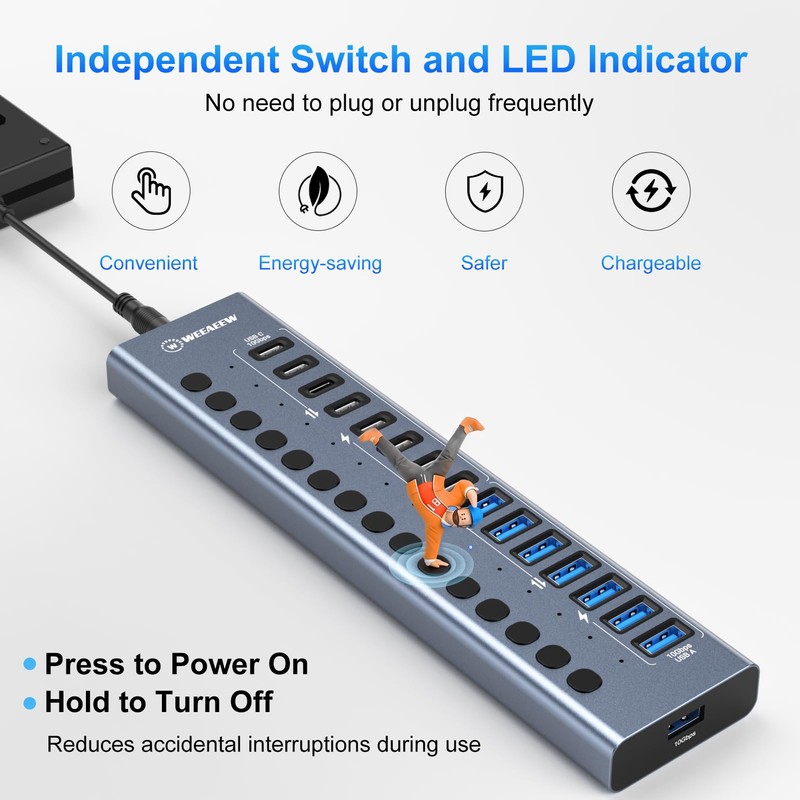 WEEAEEW Powered USB 3.2 Hub, 16 Ports Powered USB Hub