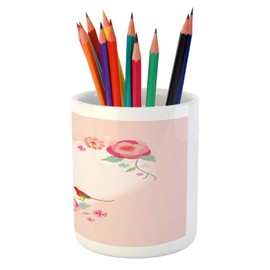Ambesonne Flowers Pencil Pen Holder, Valentines Day Concept Pale Heart Shapes with Birds and Floral Ornaments, Printed Ceramic Pencil Pen Holder for Desk Office Accessory, Blush Multicolor