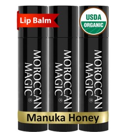 Moroccan Magic Organic Manuka Honey Lip Balm 3 Pack | Ultra-Hydrating Argan & Essential Oil Lip Moisturizer + Vitamin E | Natural Chapstick for Dry Lips | Smooth, Non-Toxic | Organic Lip Balm