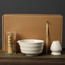 Matcha Whisk Set - Complete 4PCS Kit for Traditional Tea Ceremony, with Handcrafted Bamboo Whisk Matcha Scoop Matcha Stand Matcha Bowl (White)