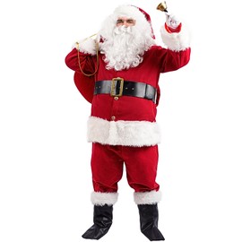 Soulty Men's Santa Claus Costume 11pcs Deluxe Red Velvet Christmas Santa Suit for Men Adult Xmas Clause Outfit for Party L