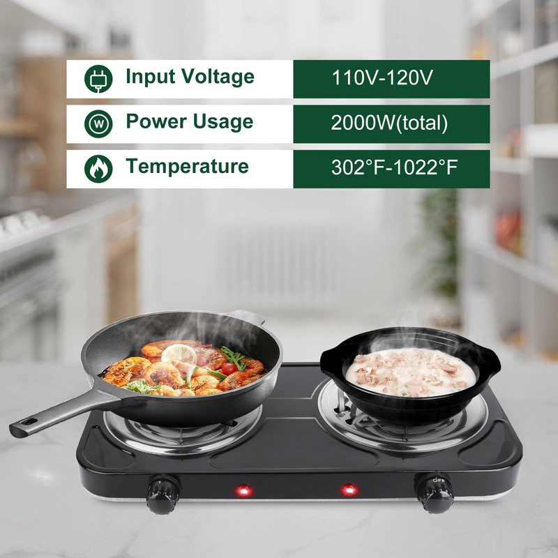 Double Burner Cooktop, 2000W Portable Electric Stove, 5 Level Temperature