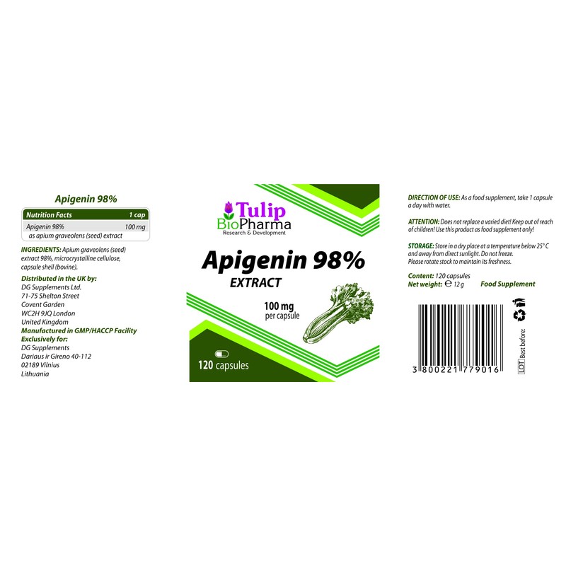 Tulip BioPharma Apigenin 100mg 120 Capsules, 3rd Party Lab Tested,