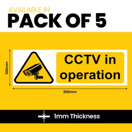 RDLCAR CCTV In Operation Warning Sign - 100mm x 300mm, 1mm Rigid PVC, Pack of 5, Security Camera Warning for Indoor & Outdoor Use, Complies w/ISO 7010 Guidelines