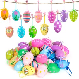 Easter Eggs for Hanging, Pack of 24 Colourful Easter Eggs Plastic, Easter Eggs with Ribbon, Easter Eggs for Hanging Outdoors, Easter Eggs Plastic with String, Easter Eggs Decoration, for Easter DIY